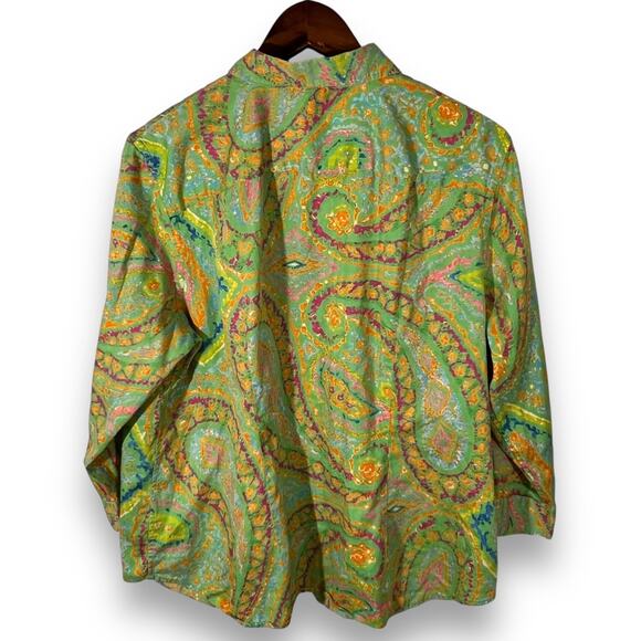 Lauren Ralph Lauren Button Down Shirt Boho Paisley Green Cotton 1X - Picture 4 of 11